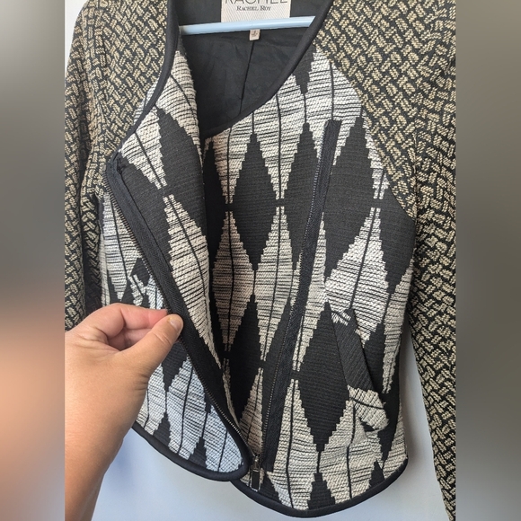 RACHEL ROY Women Blazer Size 4 Beige And Black Side Zipper Geometric Pattern - Picture 6 of 13
